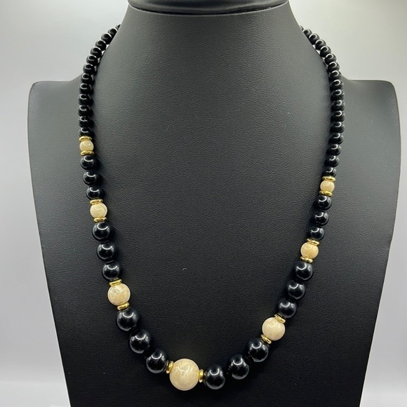 Napier Jewelry - Black And Cream Beaded Napier Necklace Gold Tone